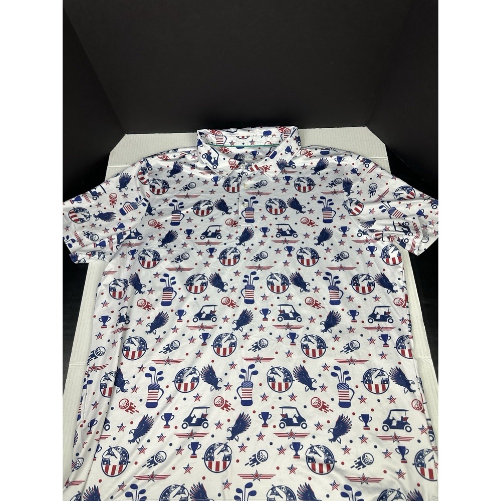 PPOLAFLON‎ Golf Polo Shirt Size 2XL Red White Blue AOP Printed Activewear Casual